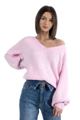 Sweter SLEEVE DETAIL LOGO SWEATER PINK TOMMY JEANS
